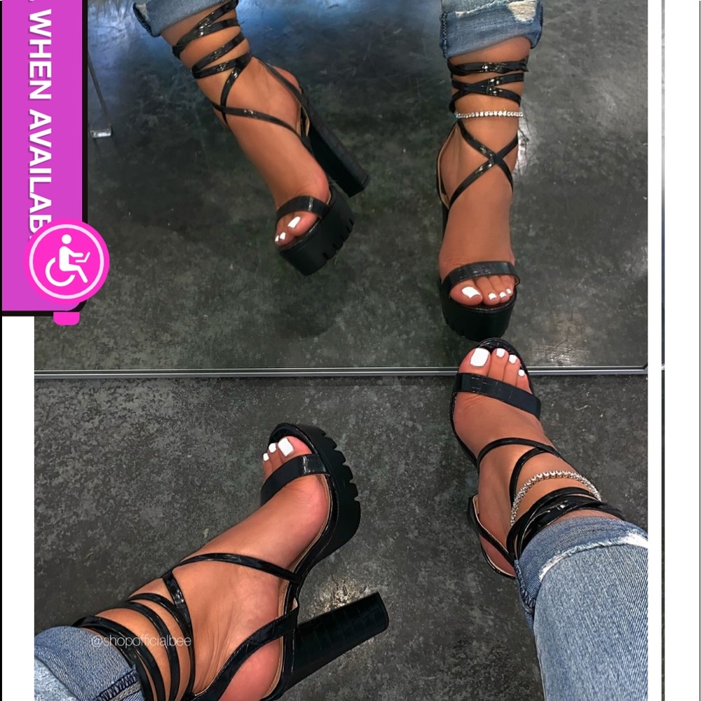Black Croc tie up platform heels